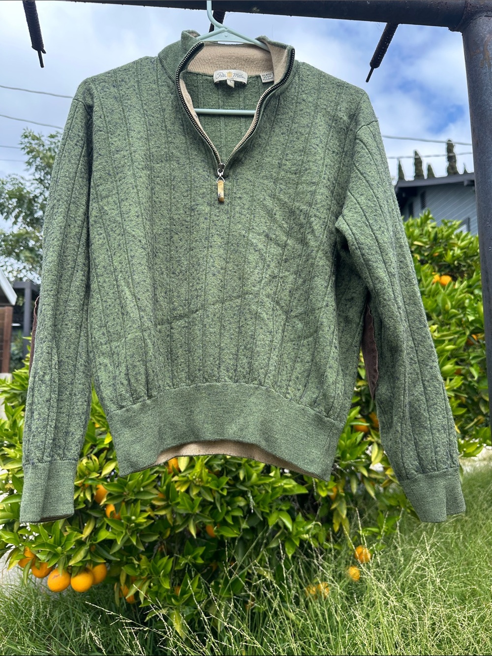 Peter Millar Olive Green Cable-Trim Quarter-Zip Sweater Merino Silk Cashmere